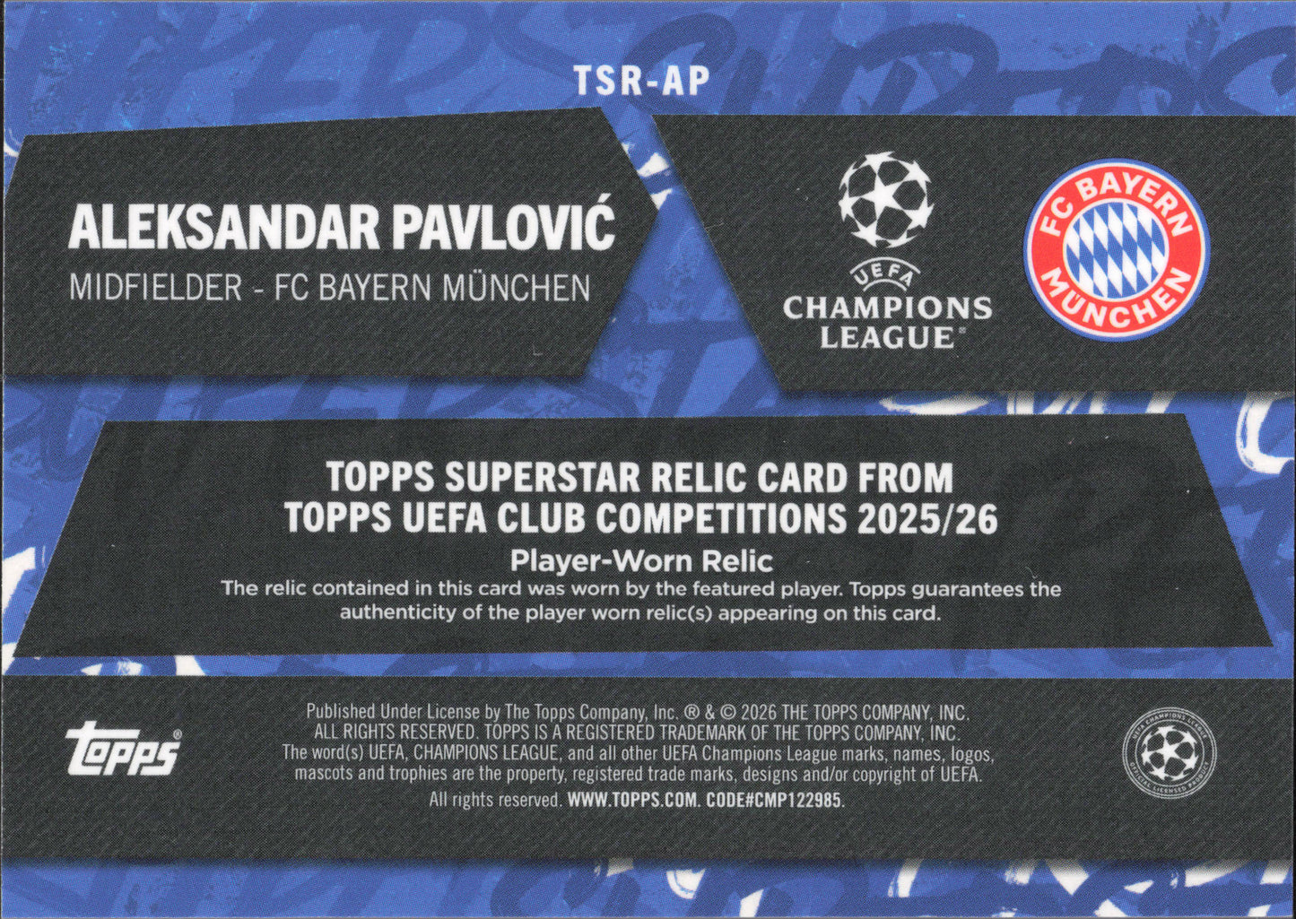 Aleksandar Pavlovic Player-Worn Patch Numbered /250 Topps Flagship
