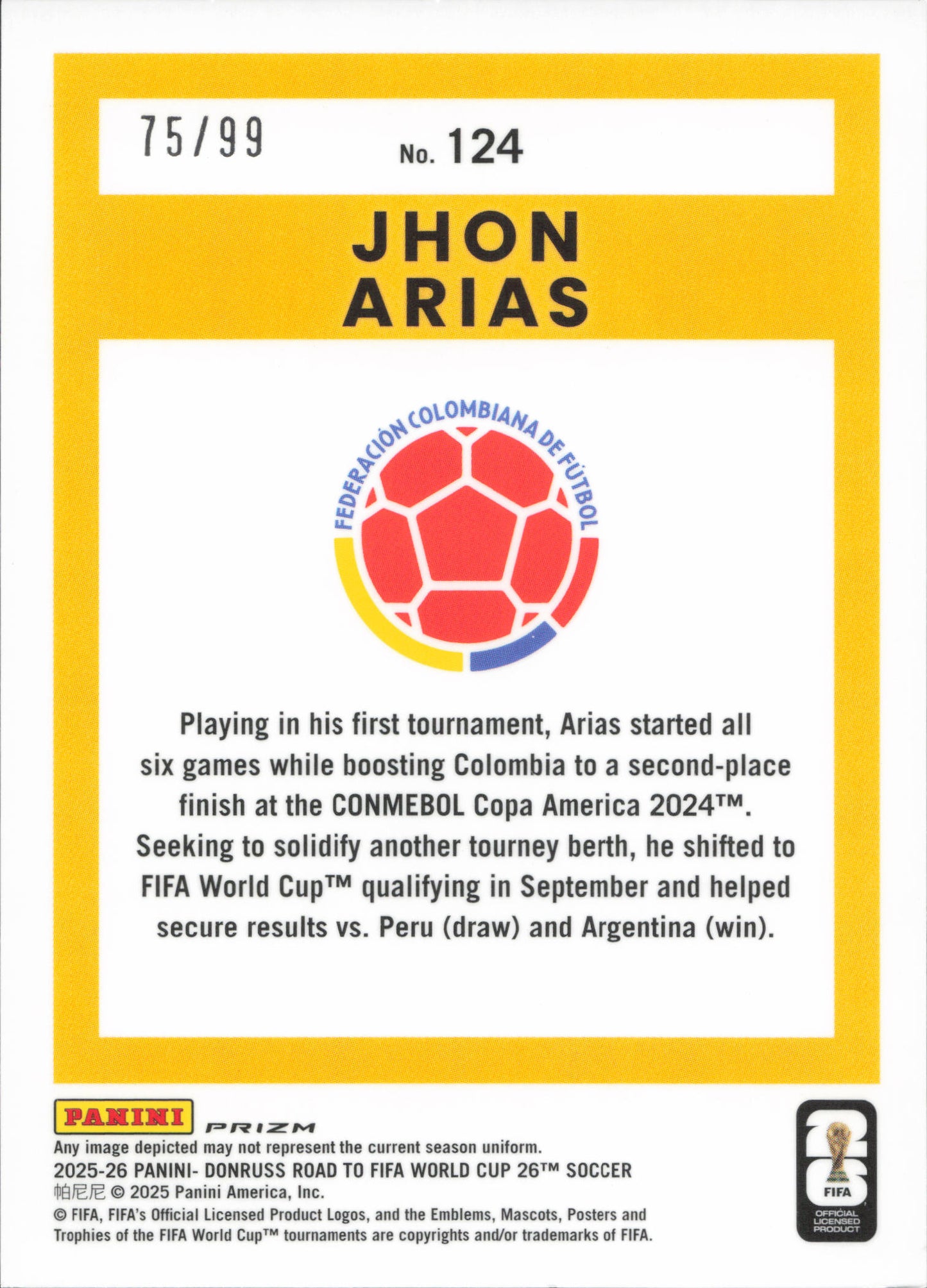 Jhon Arias Numbered /99 Panini Donruss Optic World Cup
