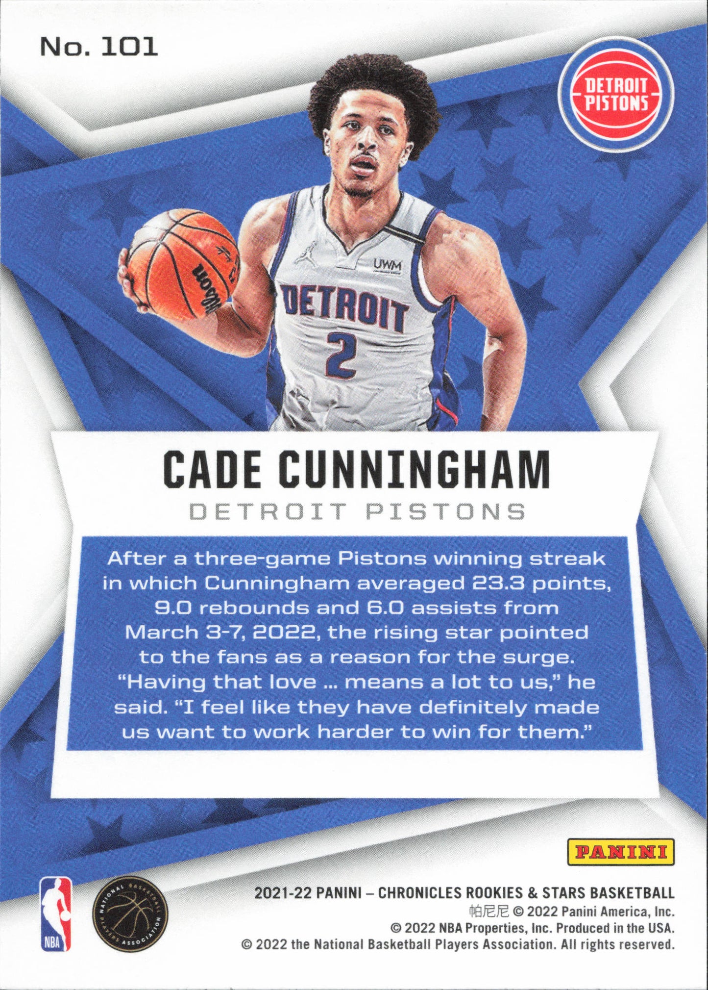 Cade Cunningham Rookie Rookies and Stars Panini Chronicles