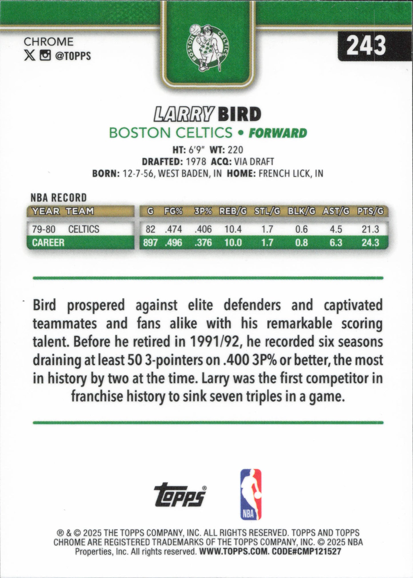 Larry Bird Base Topps Chrome NBA