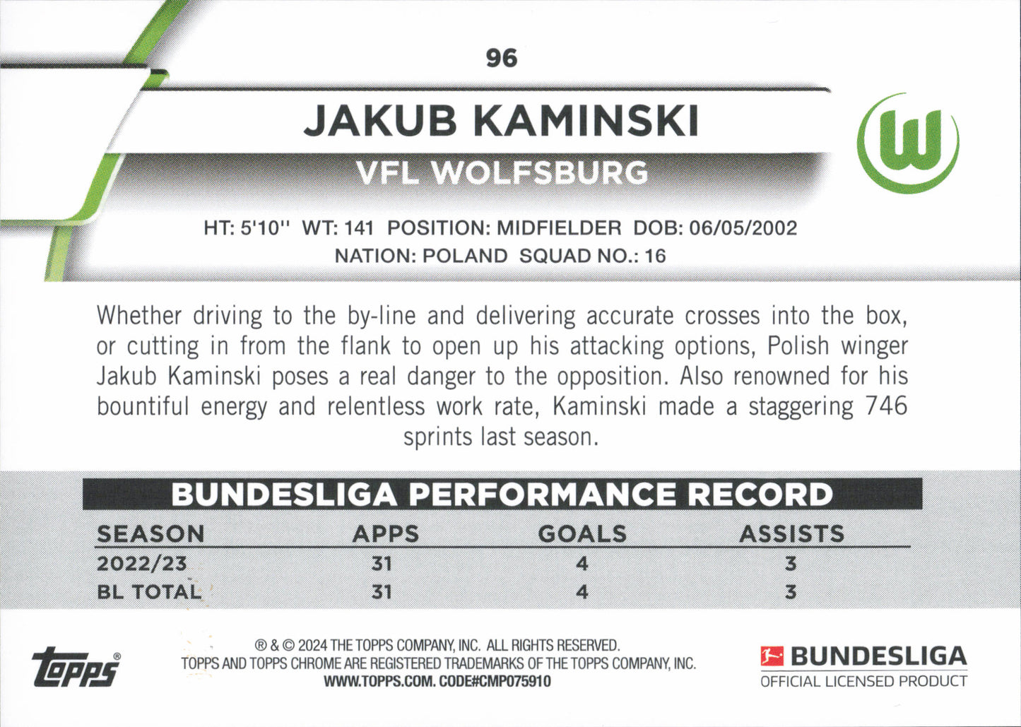 Jakub Kaminski Numbered /250 Topps Jade Bundesliga