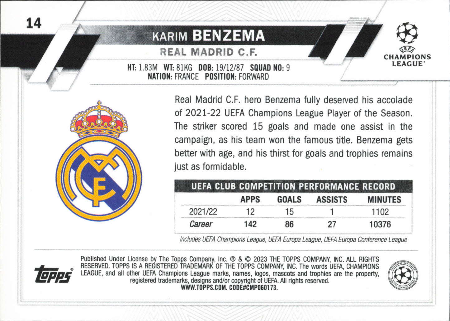 Karim Benzema Base Topps Chrome UCC