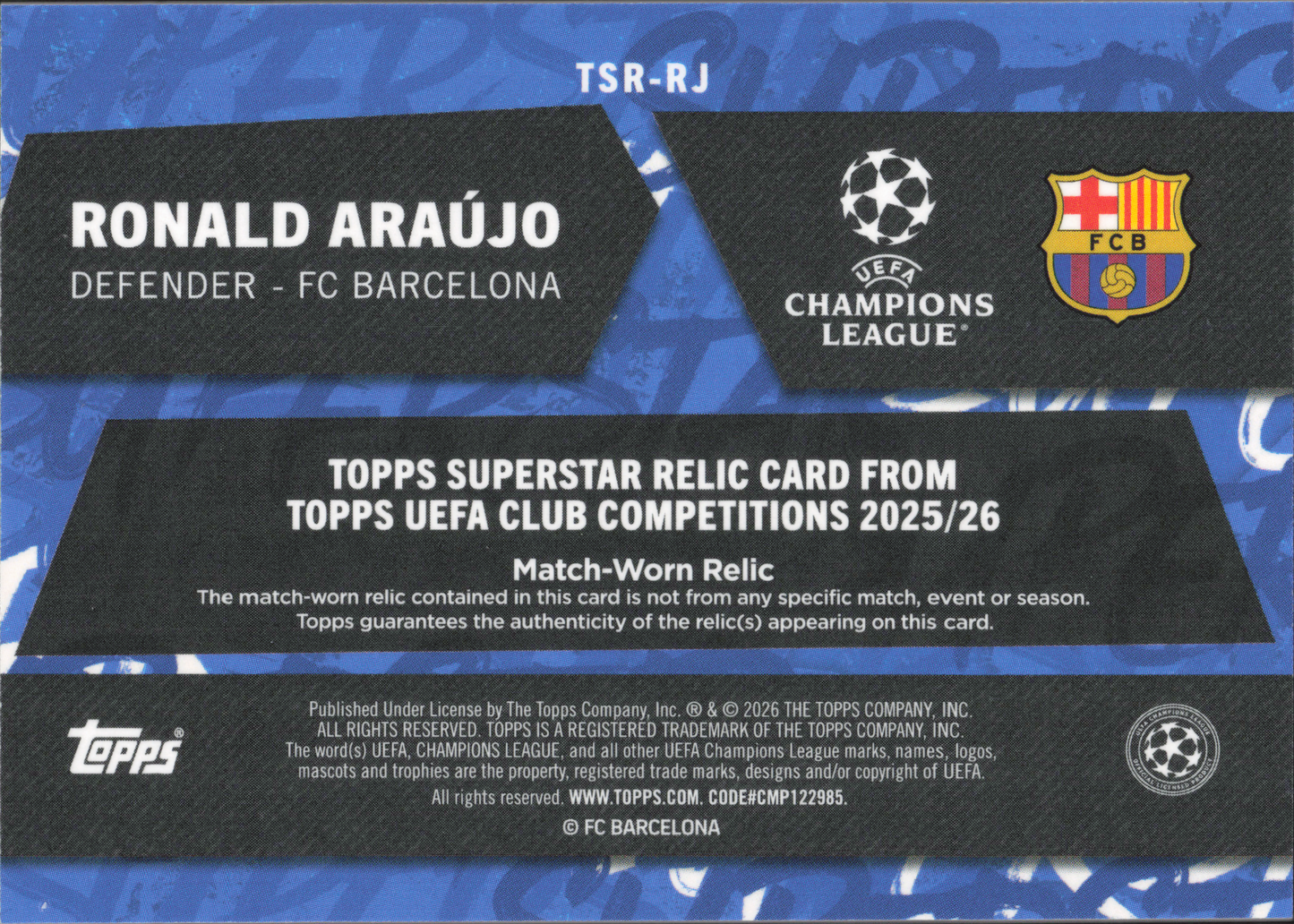 Ronald Araujo Match-Worn Patch Numbered /250 Topps Flagship