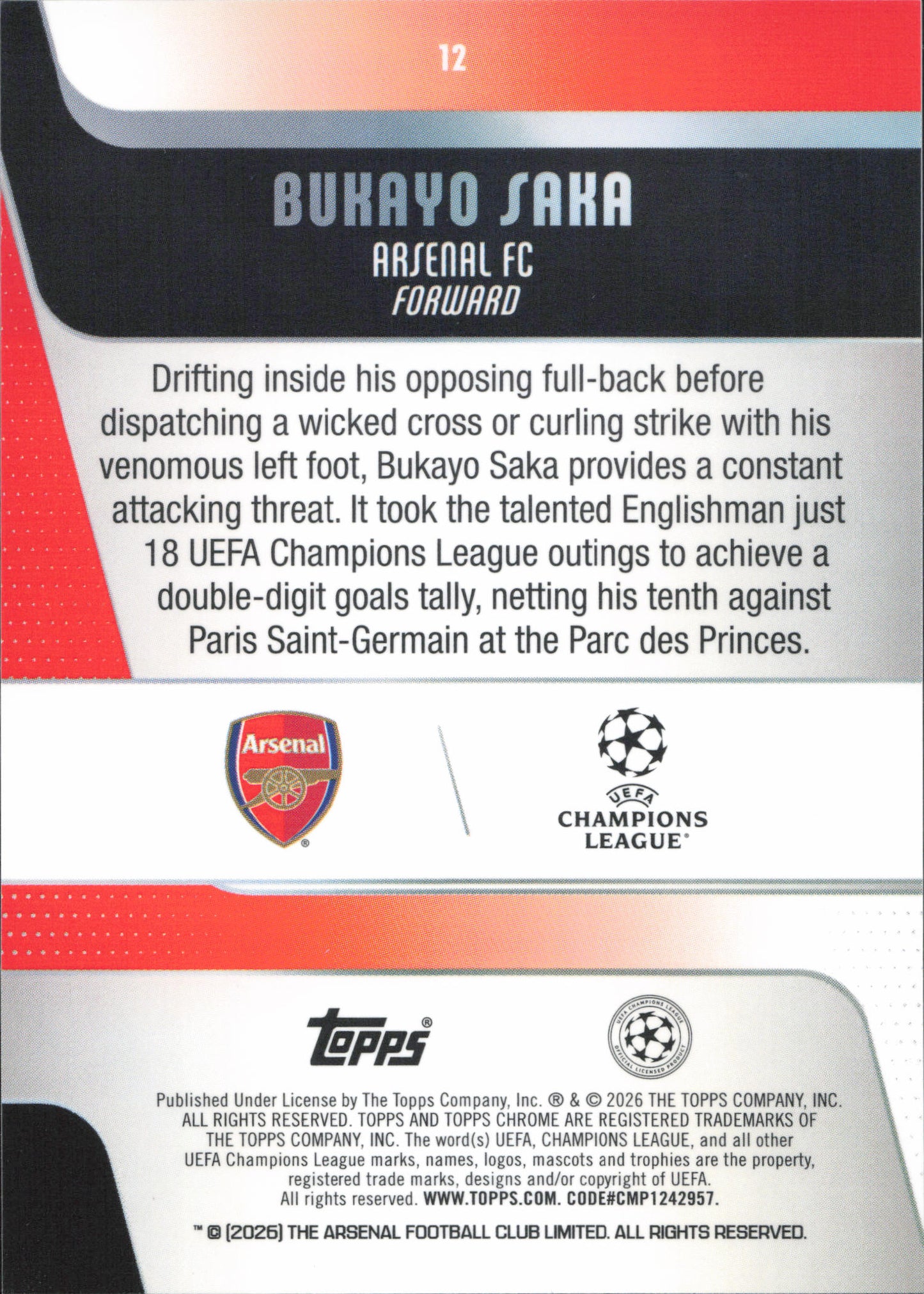 Bukayo Saka Numbered /299 Topps Chrome UCC