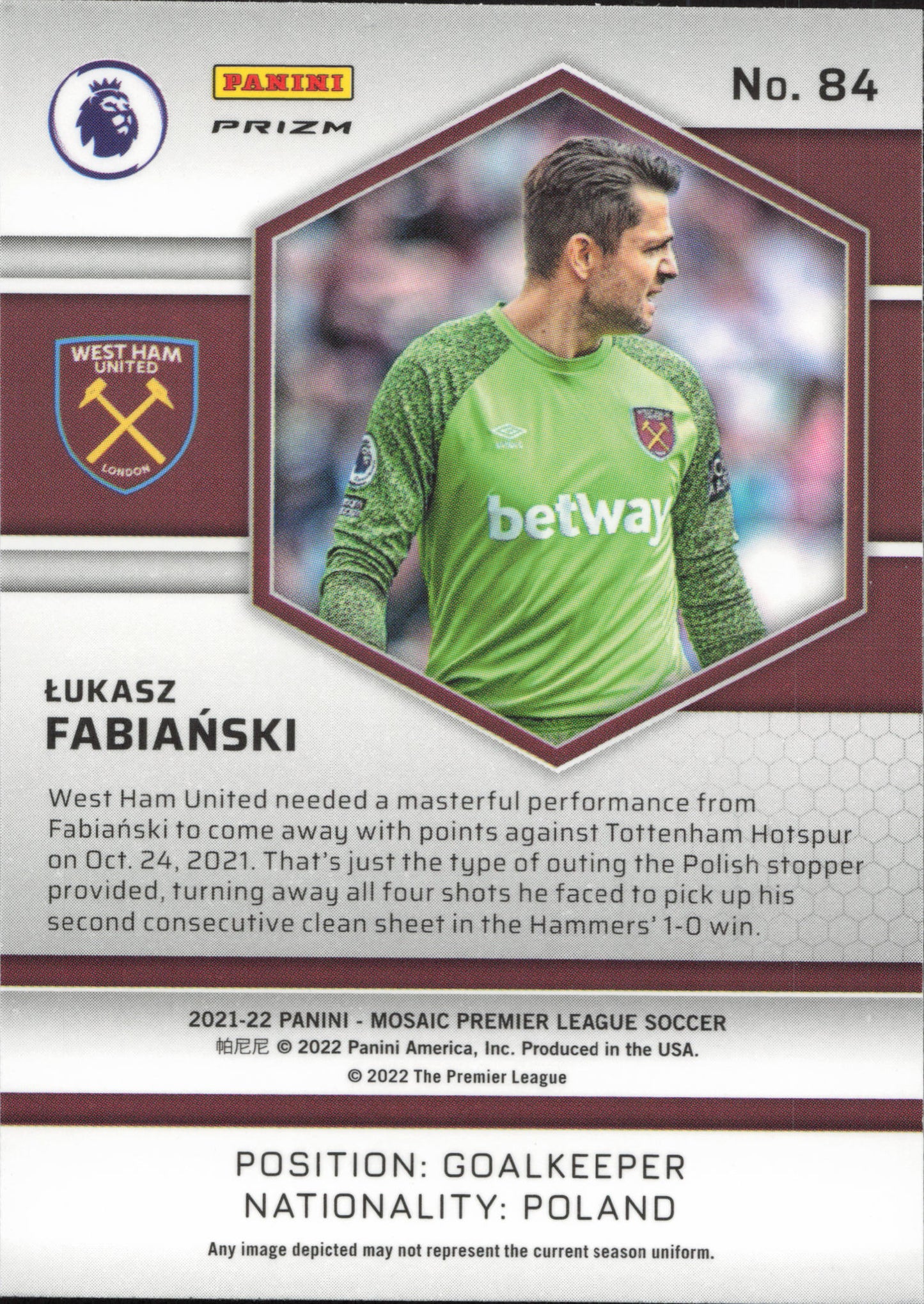 Lukasz Fabianski Gold Panini Mosaic EPL