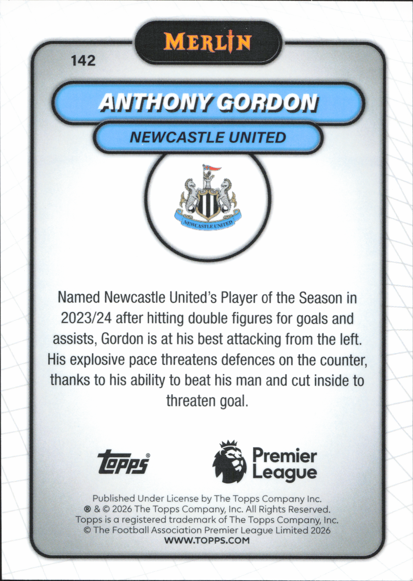 Anthony Gordon Numbered /95 Topps Merlin EPL