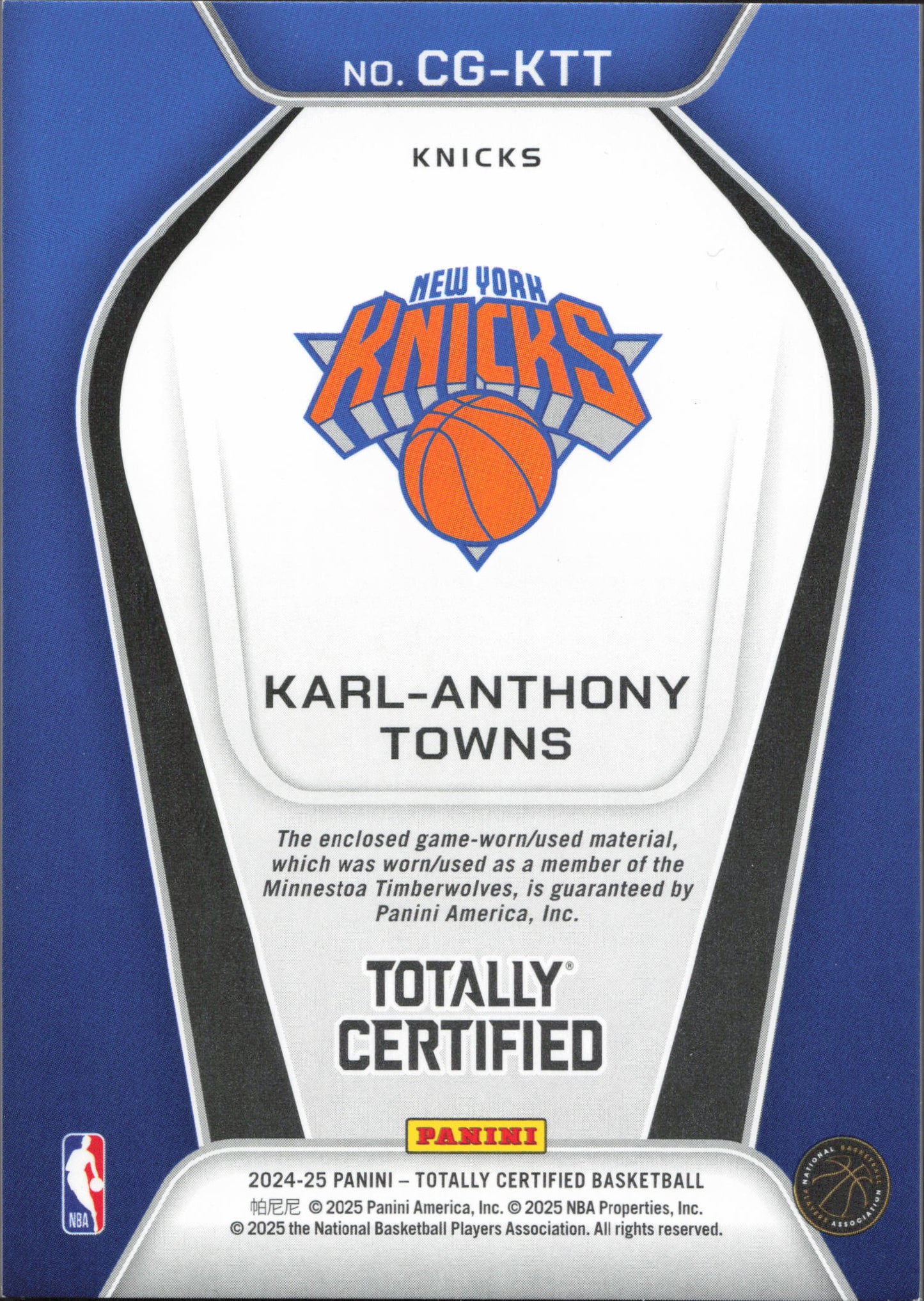 Karl-Anthony Towns Game-Worn Patch Panini Totally Certified