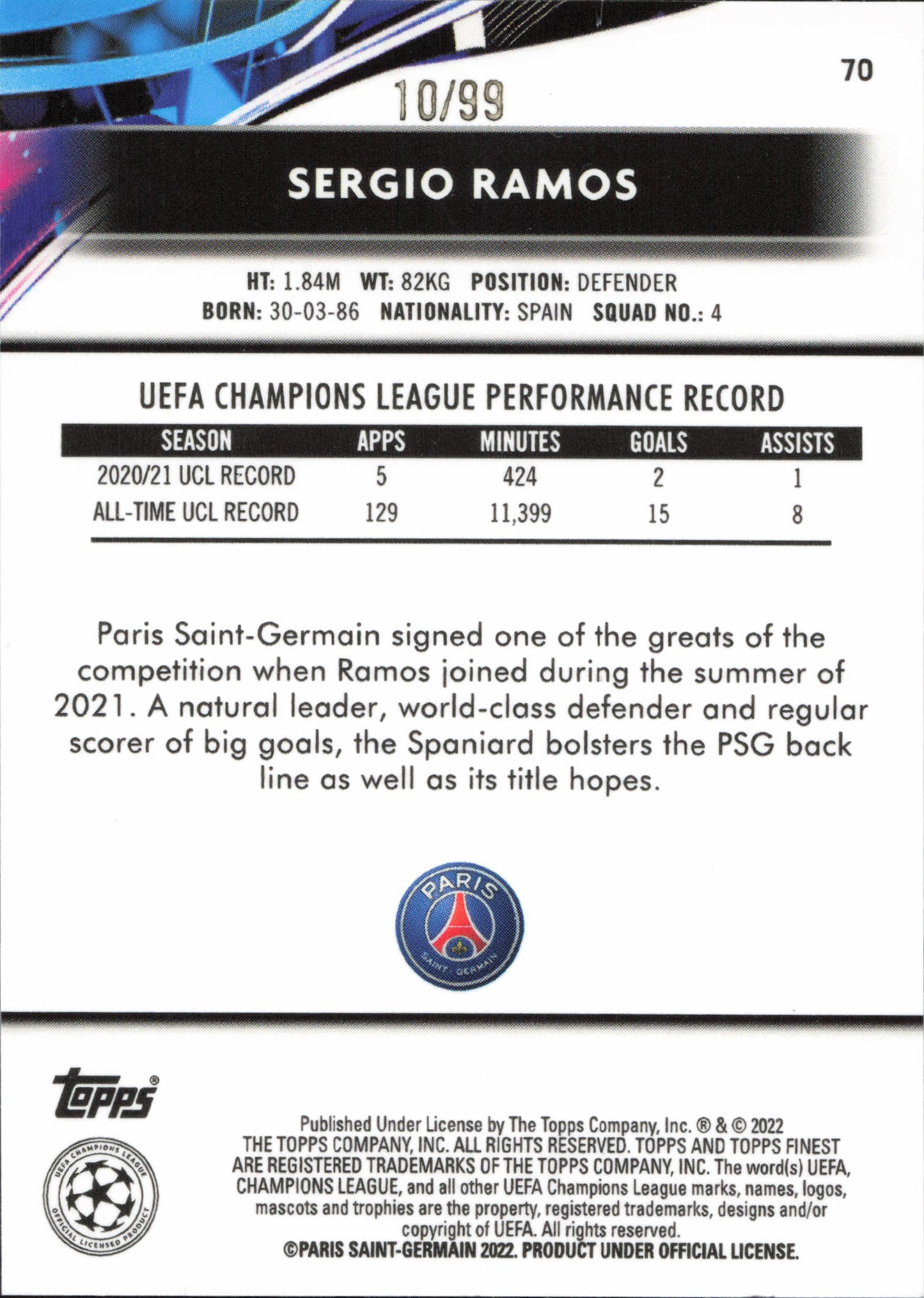 Sergio Ramos Numbered /99 Topps Finest
