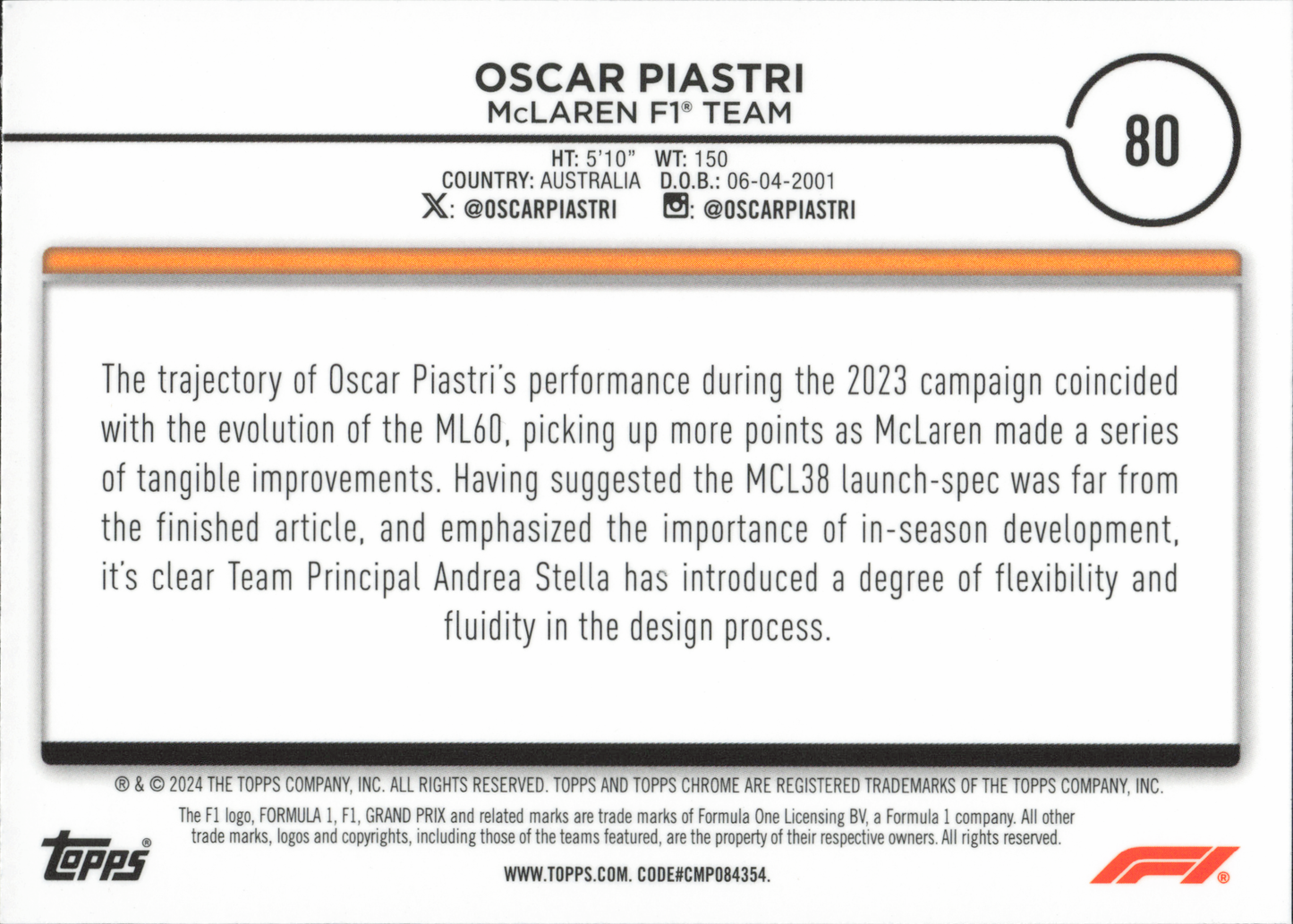 Oscar Piastri Formula 1 2024 Black and White Raywave Topps Chrome