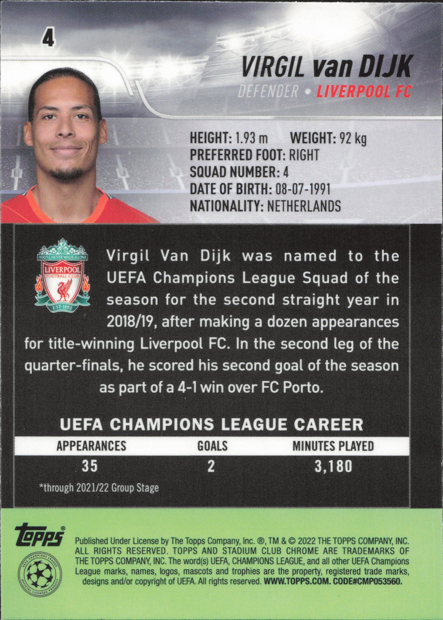 Virgil Van Dijk Hyper Parallel Topps Stadium Club Chrome