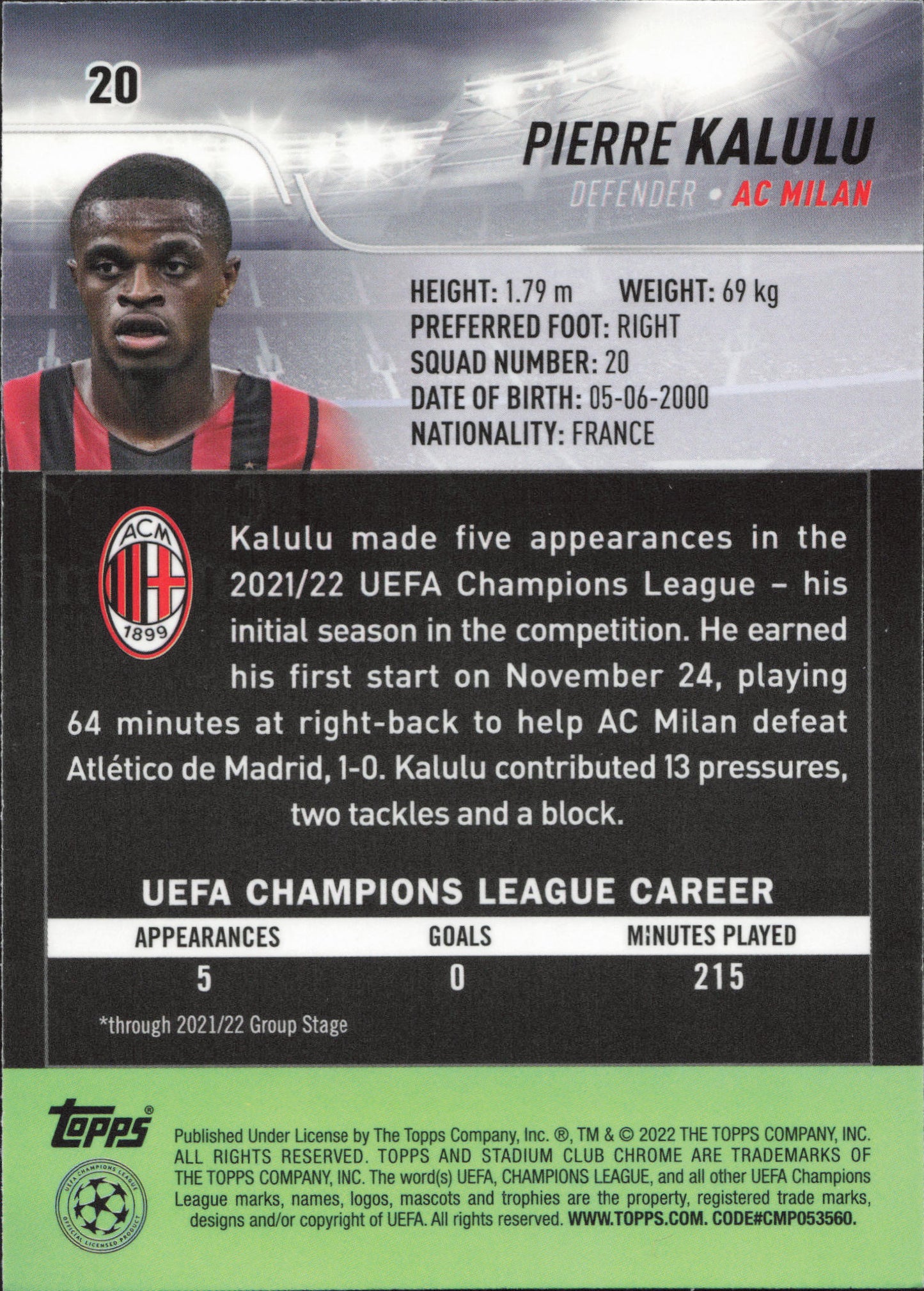 Pierre Kalulu Rookie Hyper Topps Stadium Club Chrome