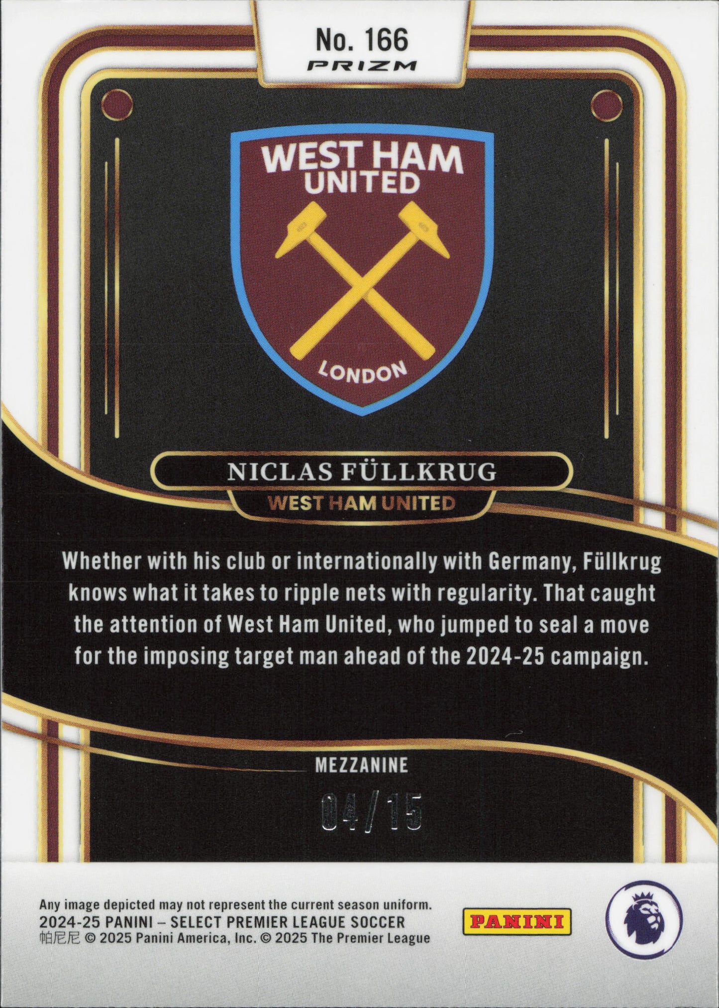 Niklas Fullkrug Numbered /15 Panini Select EPL