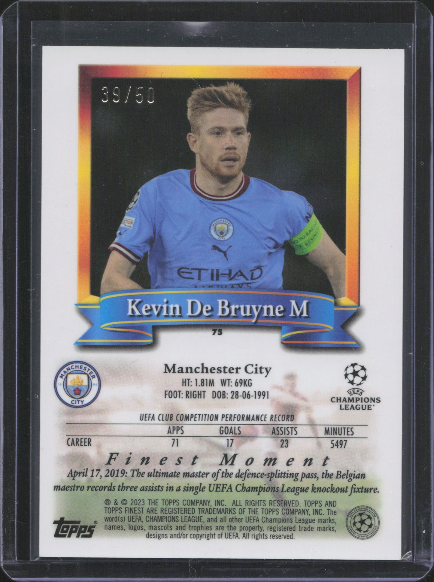 Kevin De Bruyne Numbered /50 Topps Football's Finest