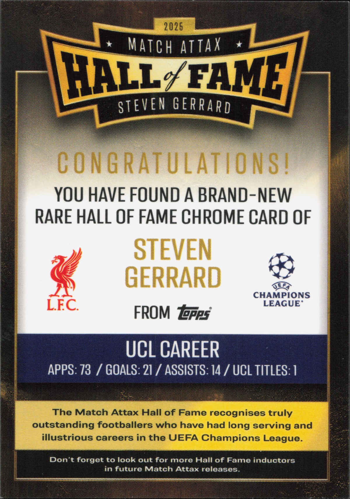 Steven Gerrard Hall of Fame Topps Match Attax