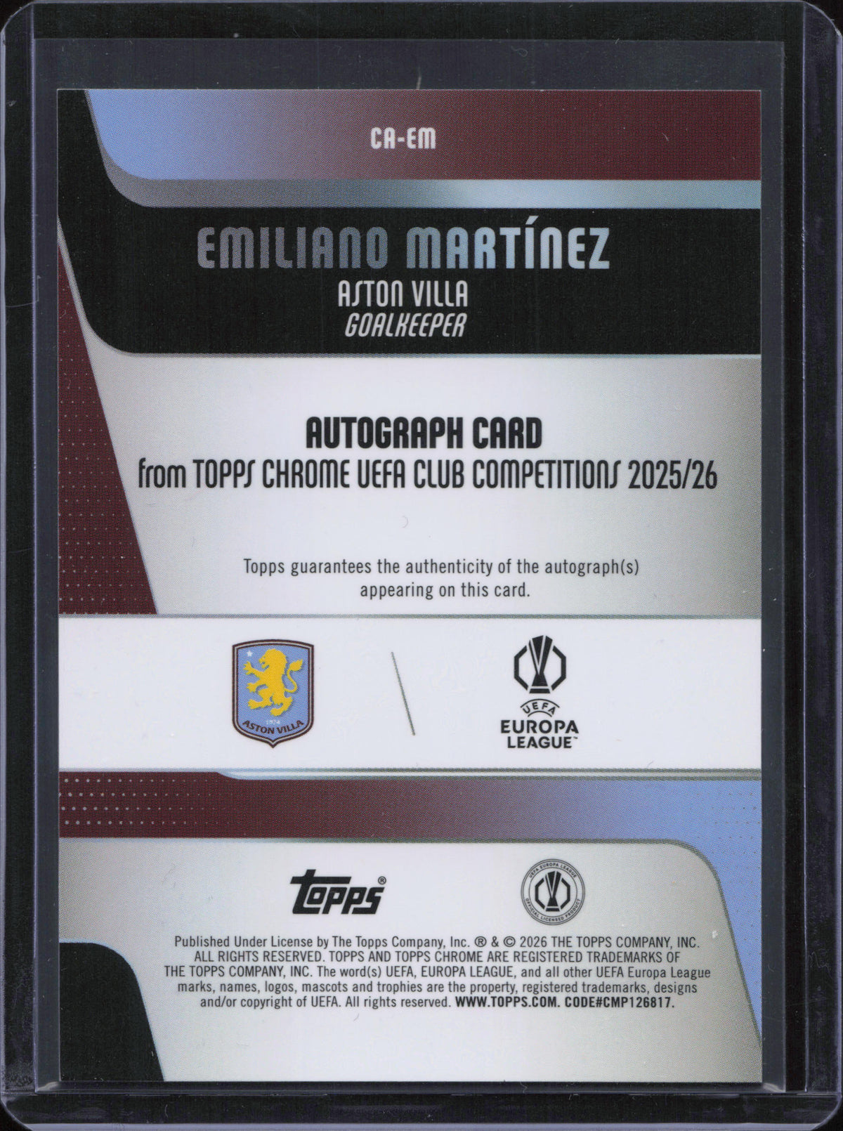 Emiliano Martinez Autograph Numbered /199 Topps Chrome UCC