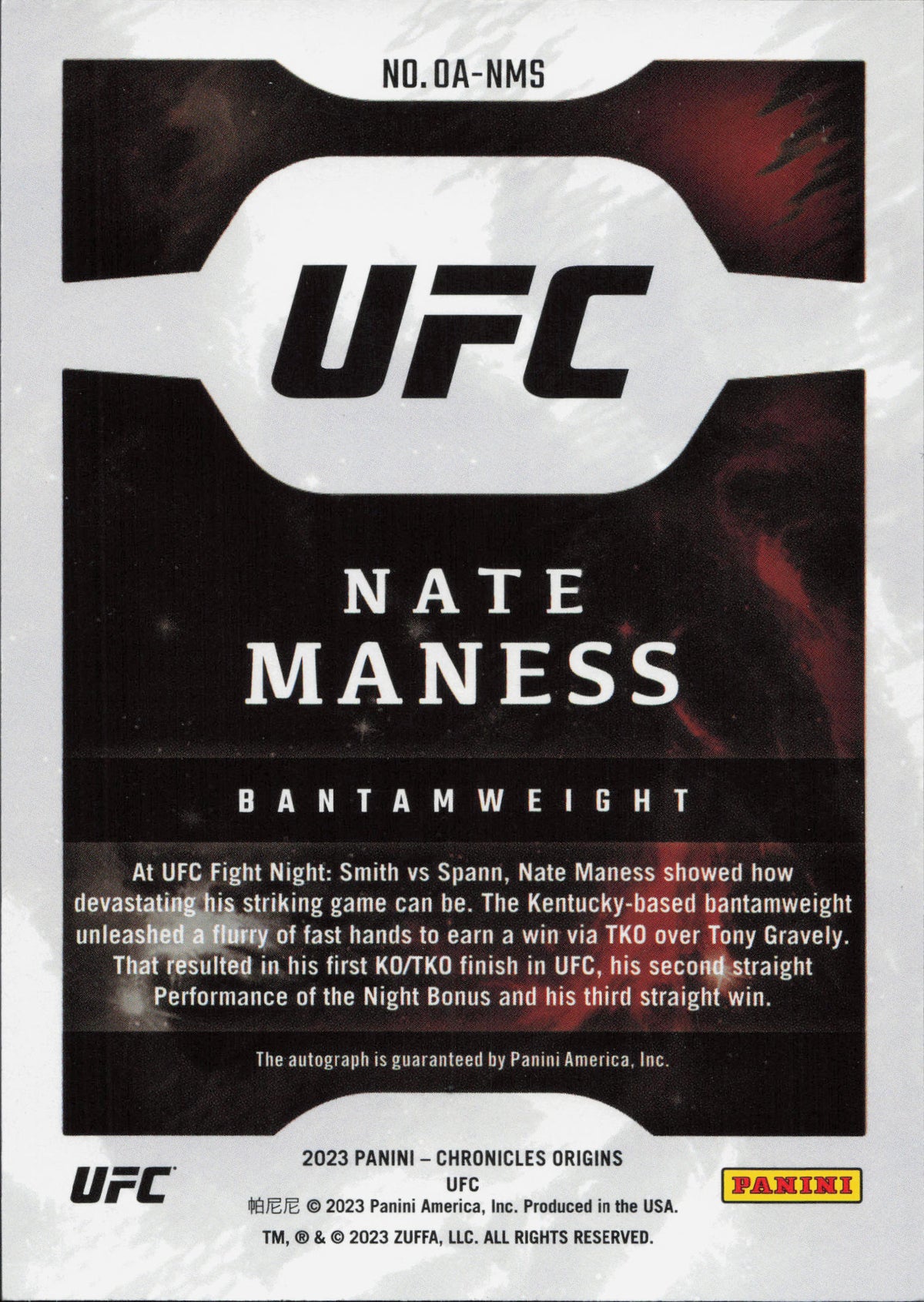 Nate Maness Rookie Autograph Panini Chronicles Origins UFC