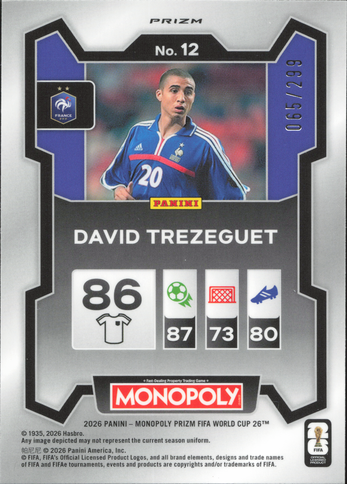 David Trezeguet Numbered /299 Panini Prizm Monopoly World Cup