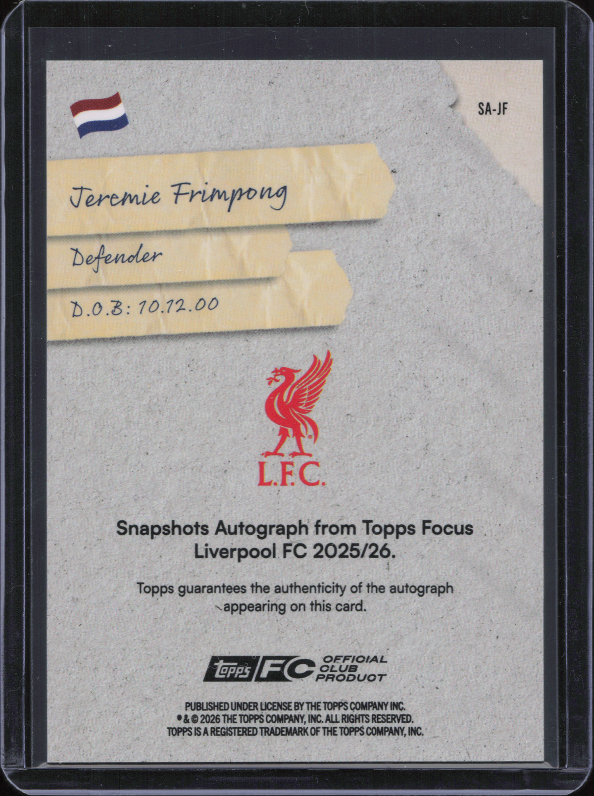 Jeremie Frimpong Autograph Numbered /99 Topps Focus Liverpool