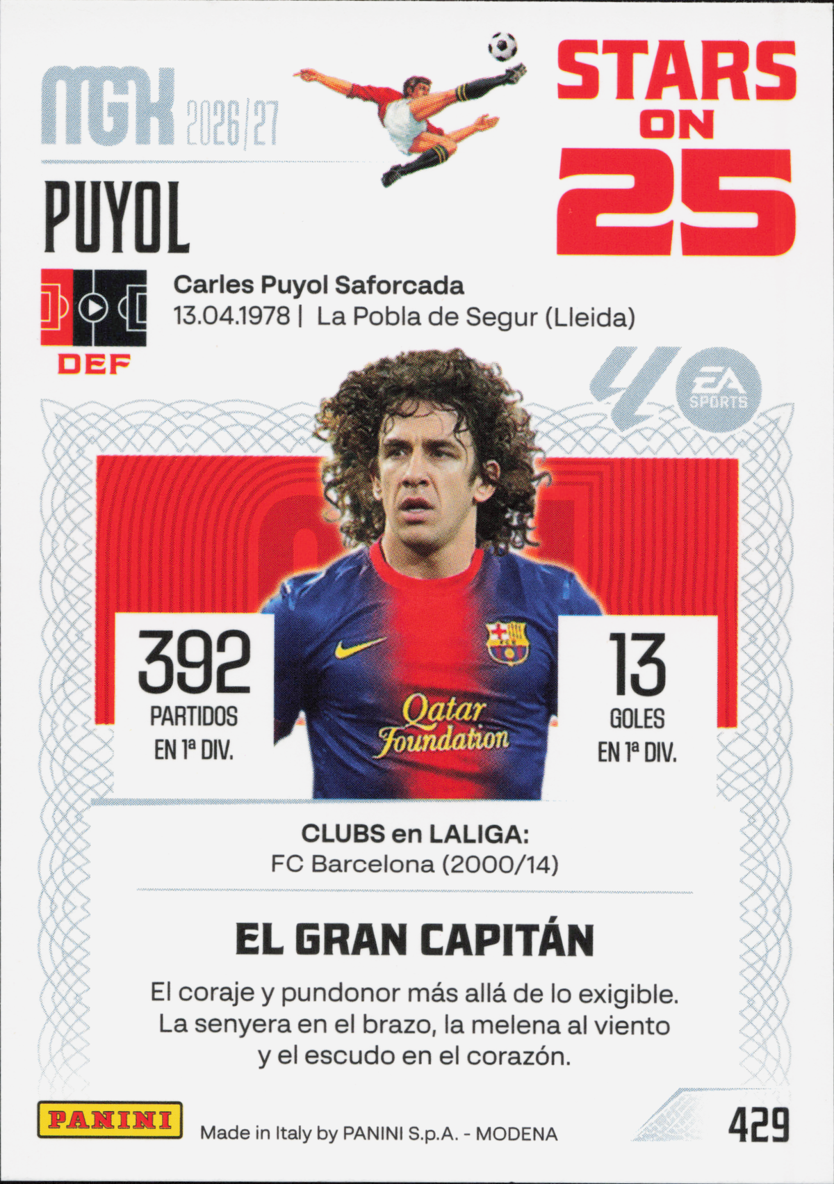 Carles Puyol Stars on 25 Panini MGK La Liga