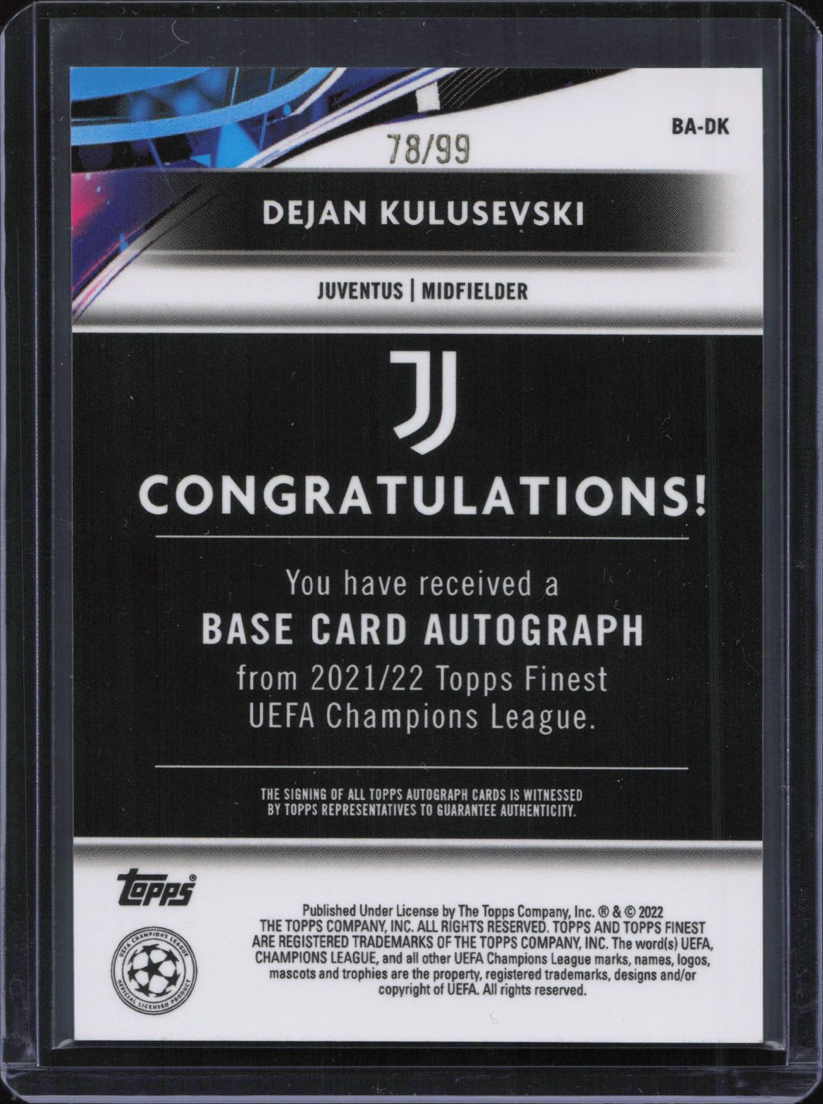 Dejan Kulusevski Autograph Numbered /99 Topps Finest