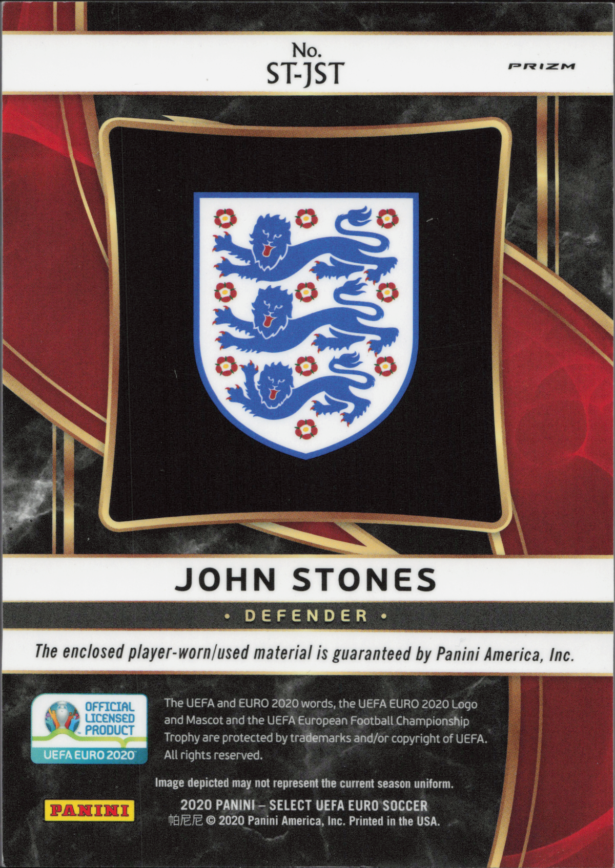John Stones Player-Worn Patch Panini Select Euro 2020