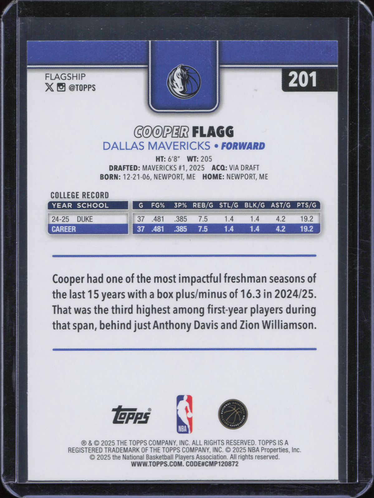 Cooper Flagg Rookie Sand Glitter Topps Flagship