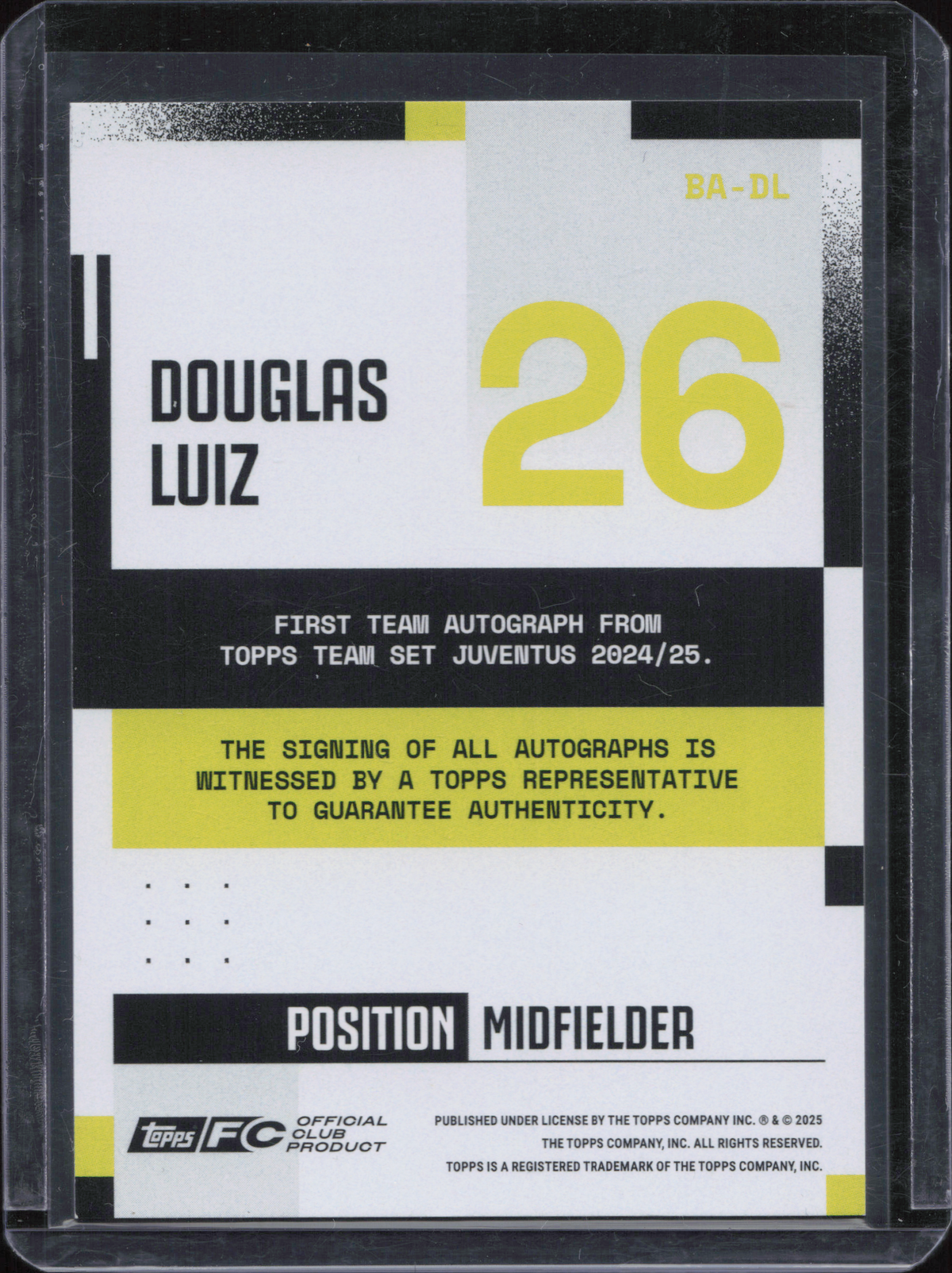 Douglas Luiz Autograph Numbered /250 Topps Team Set Juventus