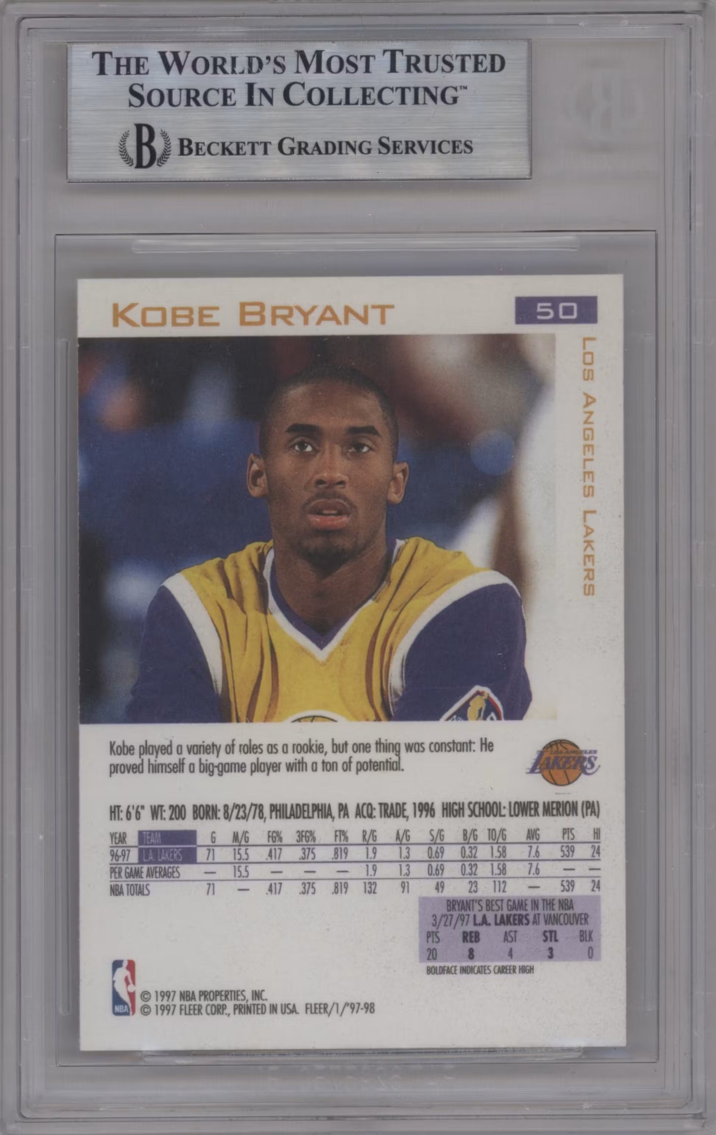 Kobe Bryant 1997-98 Fleer (GRADED)(BGS)
