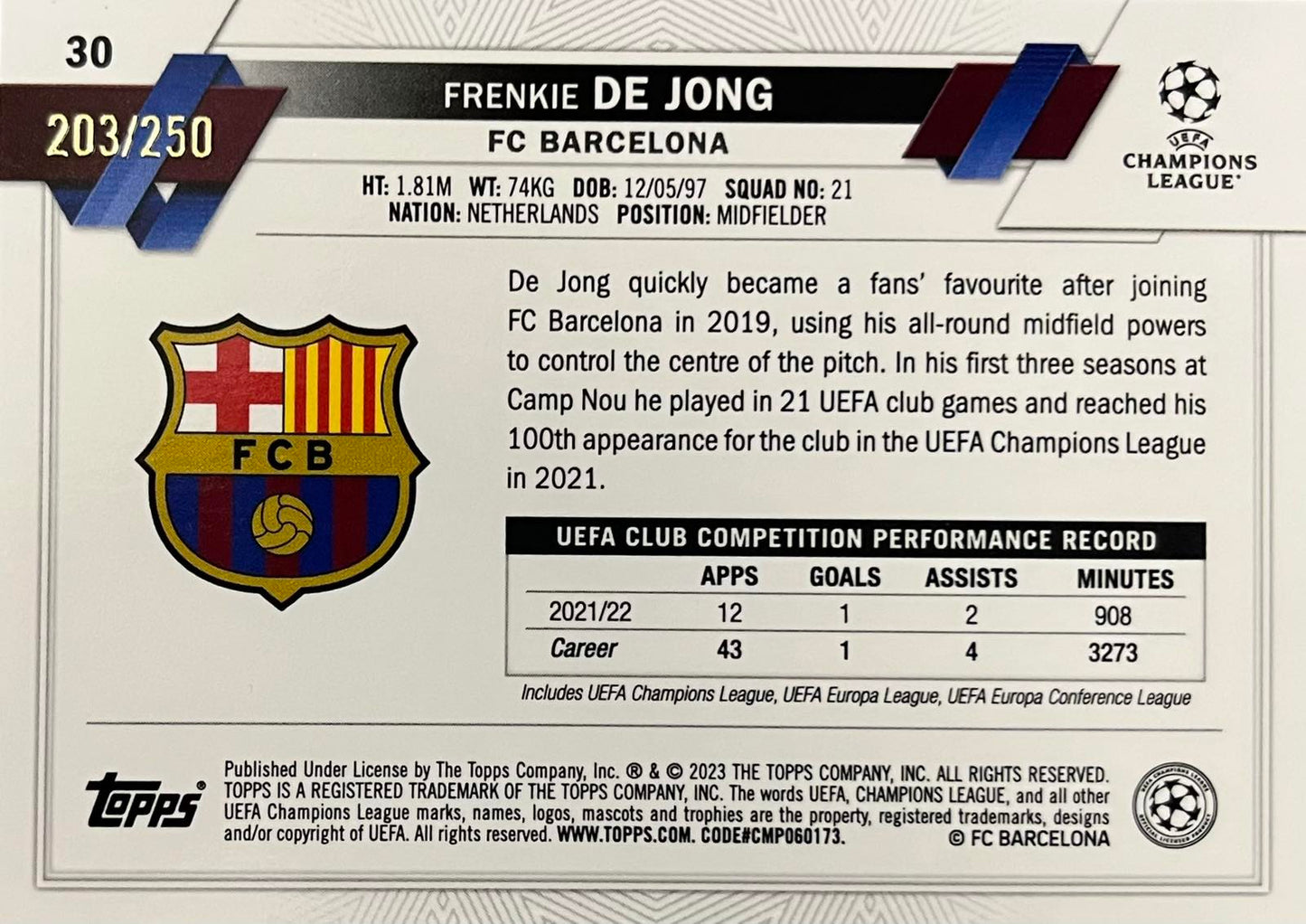 Frenkie De Jong Numbered /250 Topps Chrome