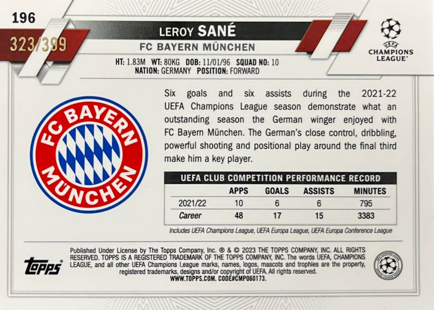 Leroy Sane Neon Green Numbered /399 Topps Chrome