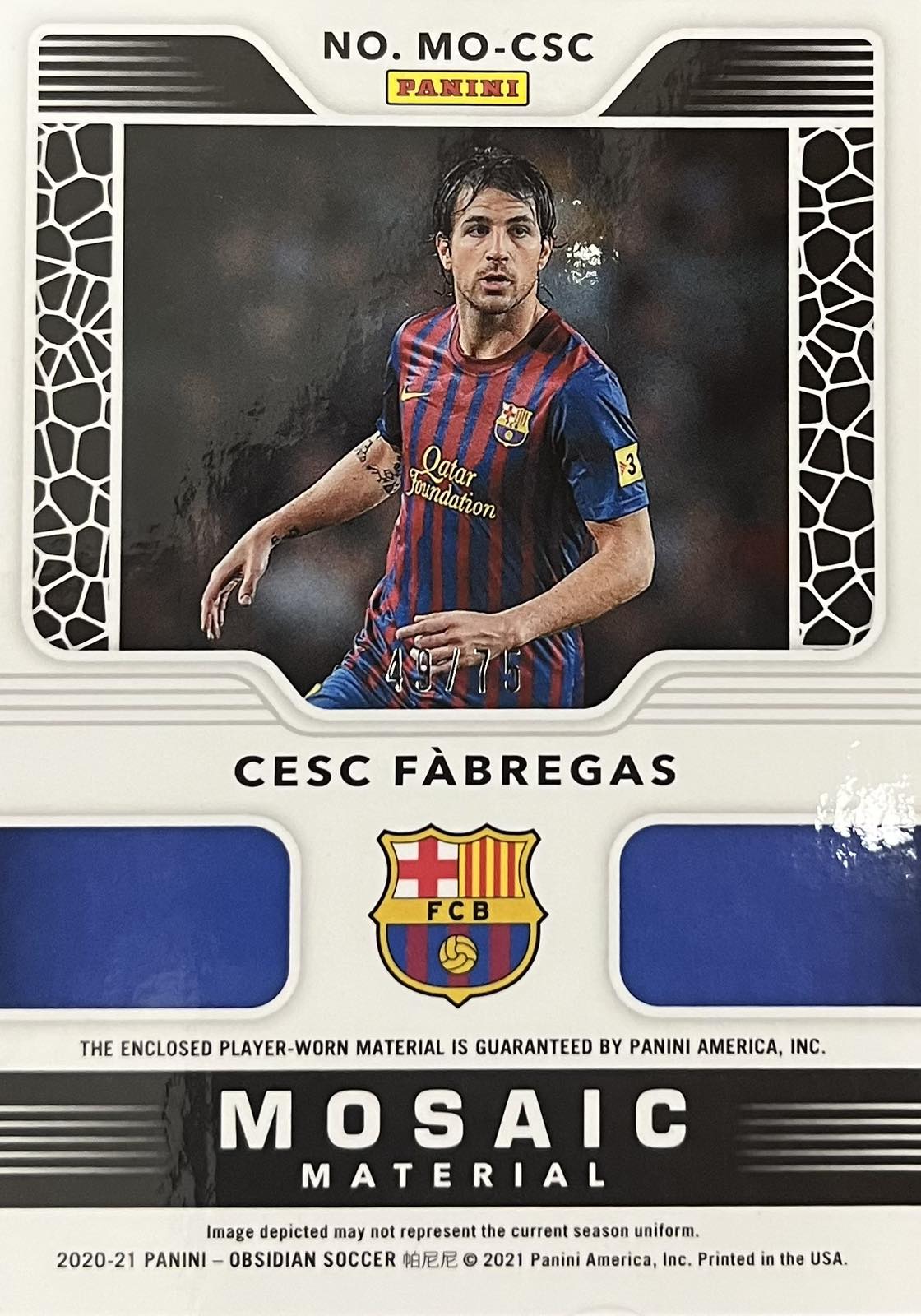 Cesc Fabregas Triple Player-Worn Patch Numbered /75 Obsidian Mosaic Materials