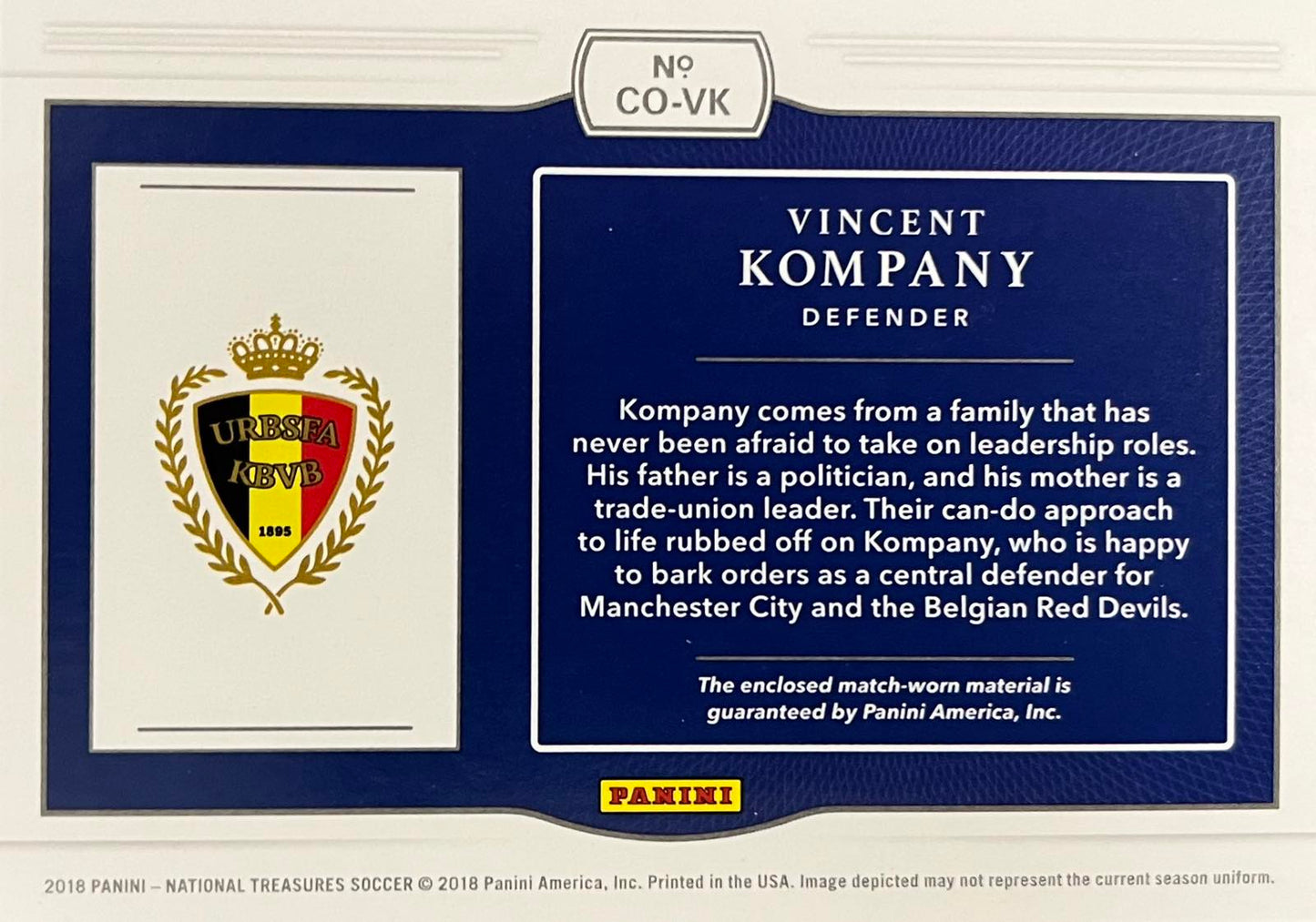 Vincent Kompany Match-Worn Patch Numbered /99 National Treasures