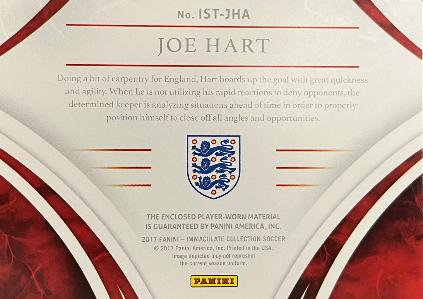 Joe Hart Player-Worn Patch Numbered /49 Immaculate
