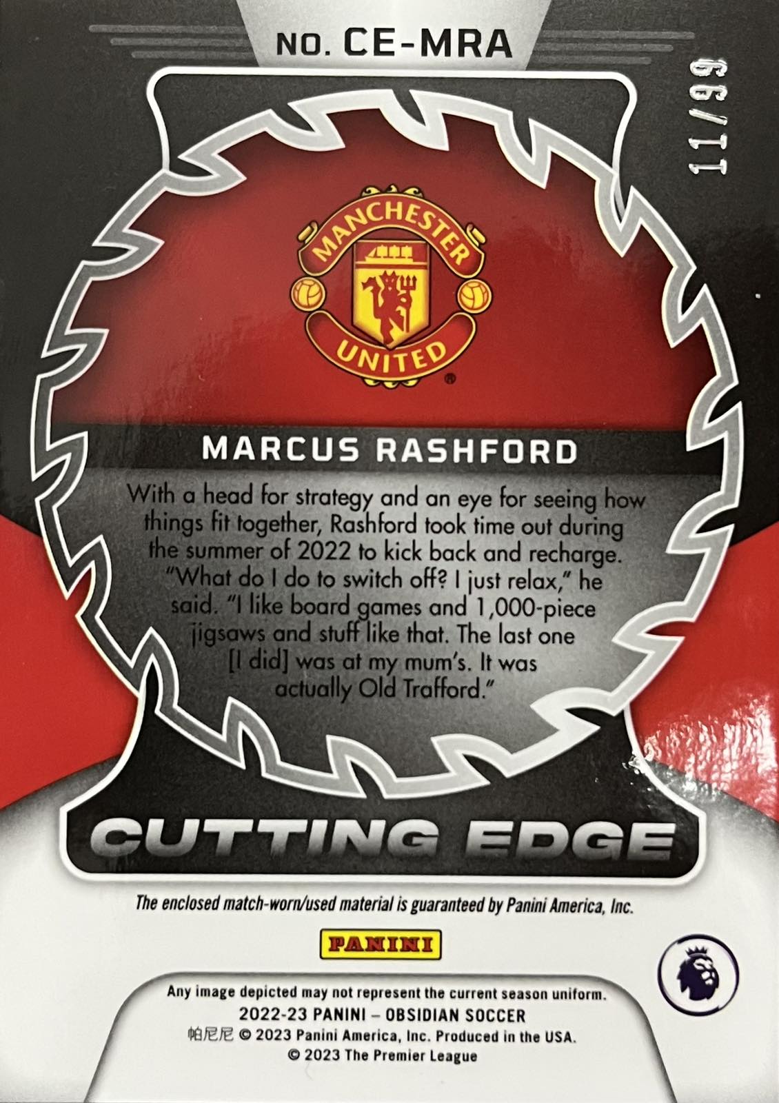 Marcus Rashford Match-Worn Double Patch Numbered /99 Obsidian Cutting Edge