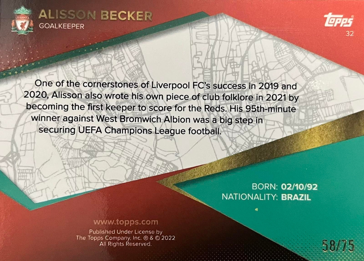 Alisson Becker Numbered /75 Topps Liverpool Team Set