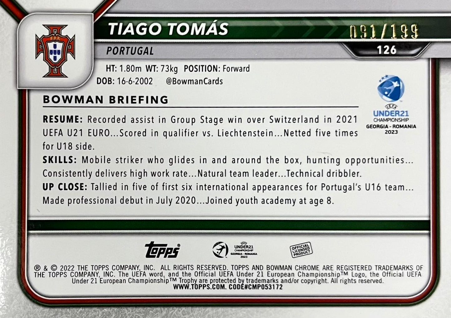 Tiago Tomas 1st Bowman Numbered /199 Green