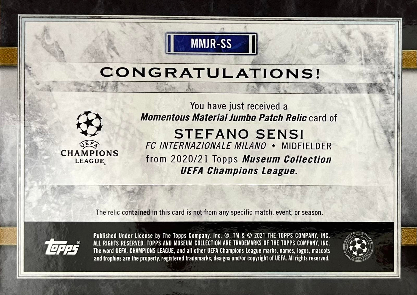 Stefano Sensi Player-Worn Patch Numbered /150 Museum
