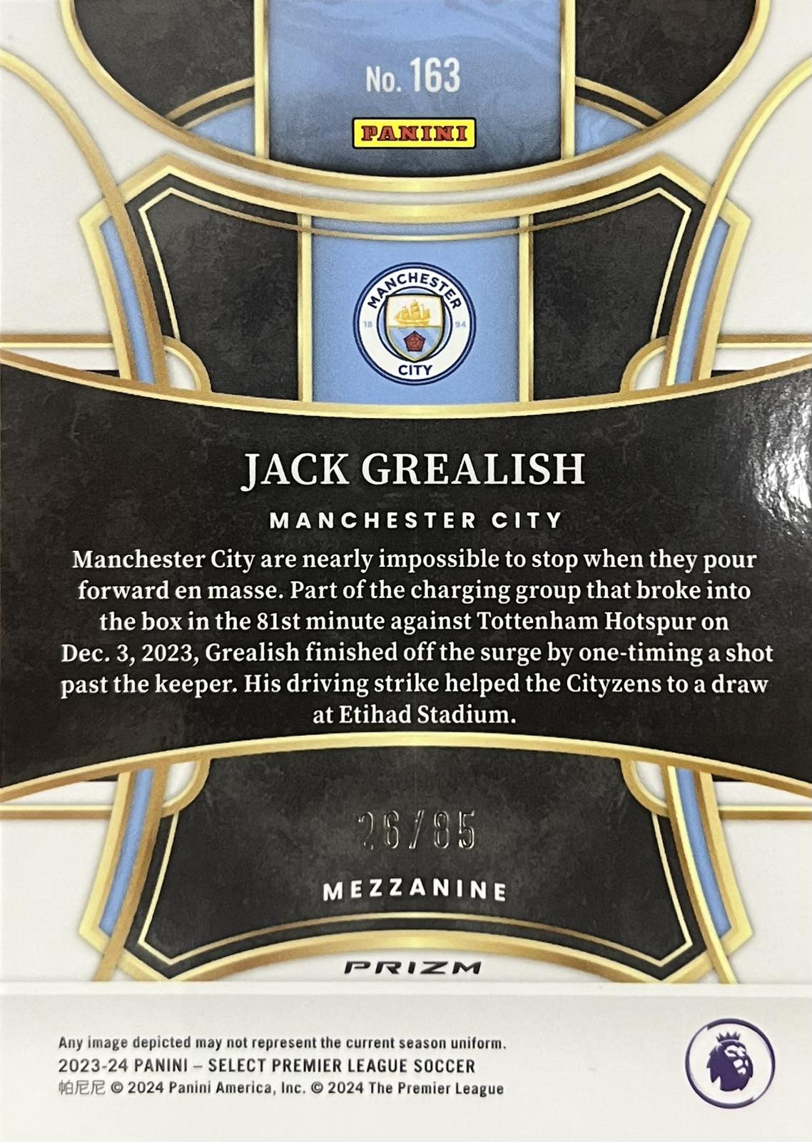 Jack Grealish Numbered /85 White Ice Mezzanine Select EPL
