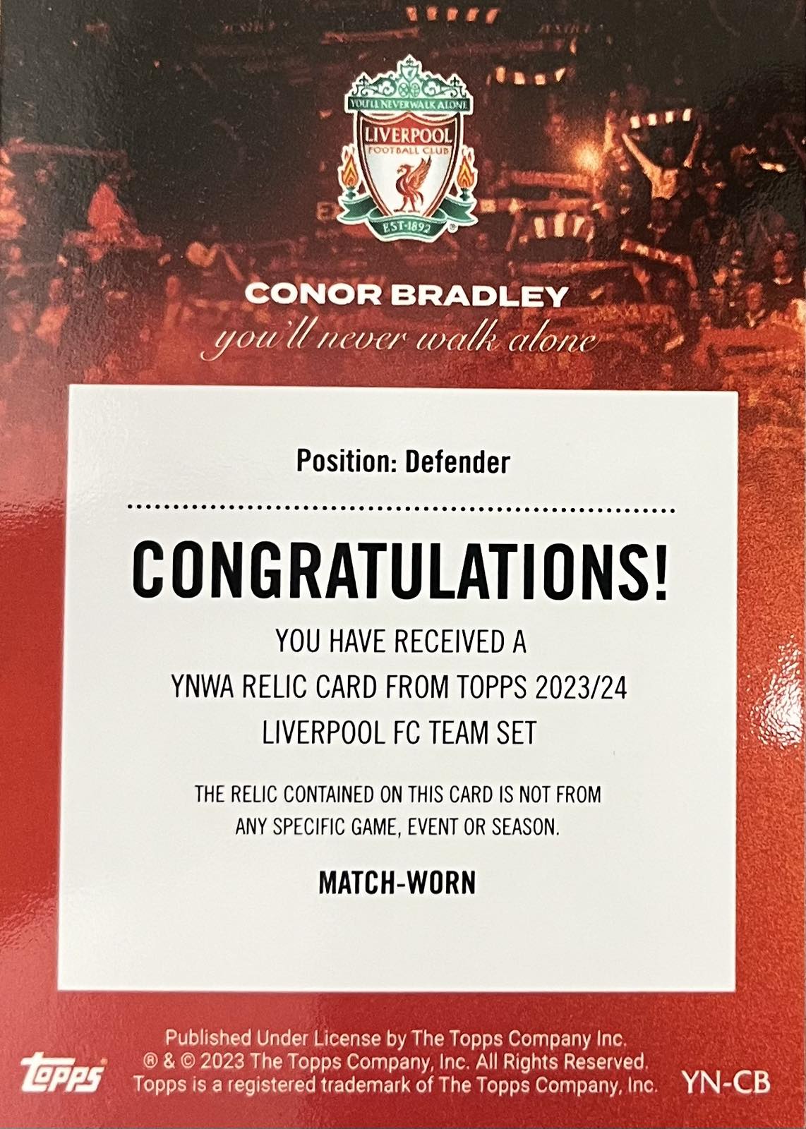 Conor Bradley Match-Worn Patch Numbered /25 Topps Liverpool Team Set