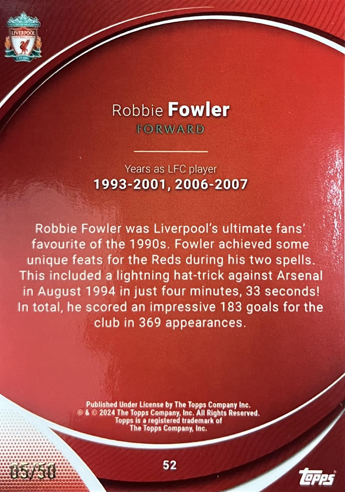 Robbie Fowler Gold Numbered /50 Topps Chrome Liverpool