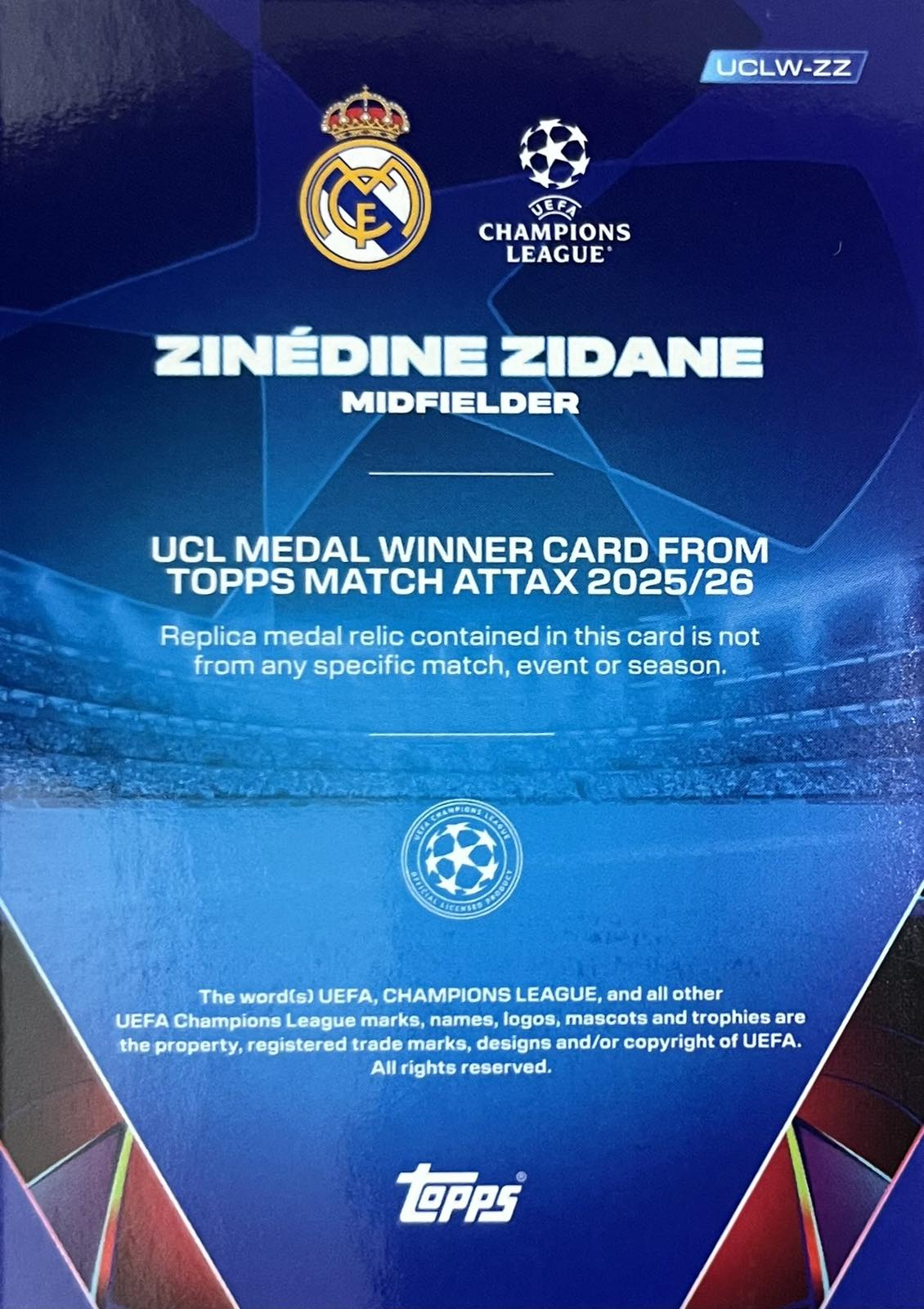 Zinedine Zidane Card Medal Winner Relic Numbered 049/29 Topps Match Attax 25/26 UCL