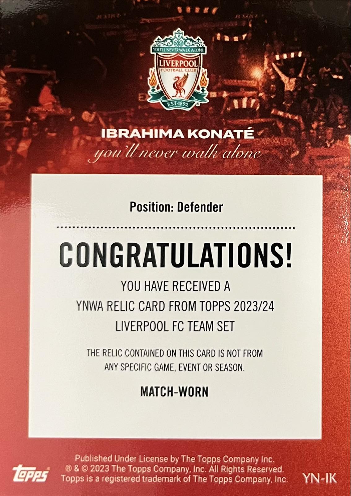 Ibrahima Konate Match-Worn Patch Numbered /250 Topps Liverpool Team Set