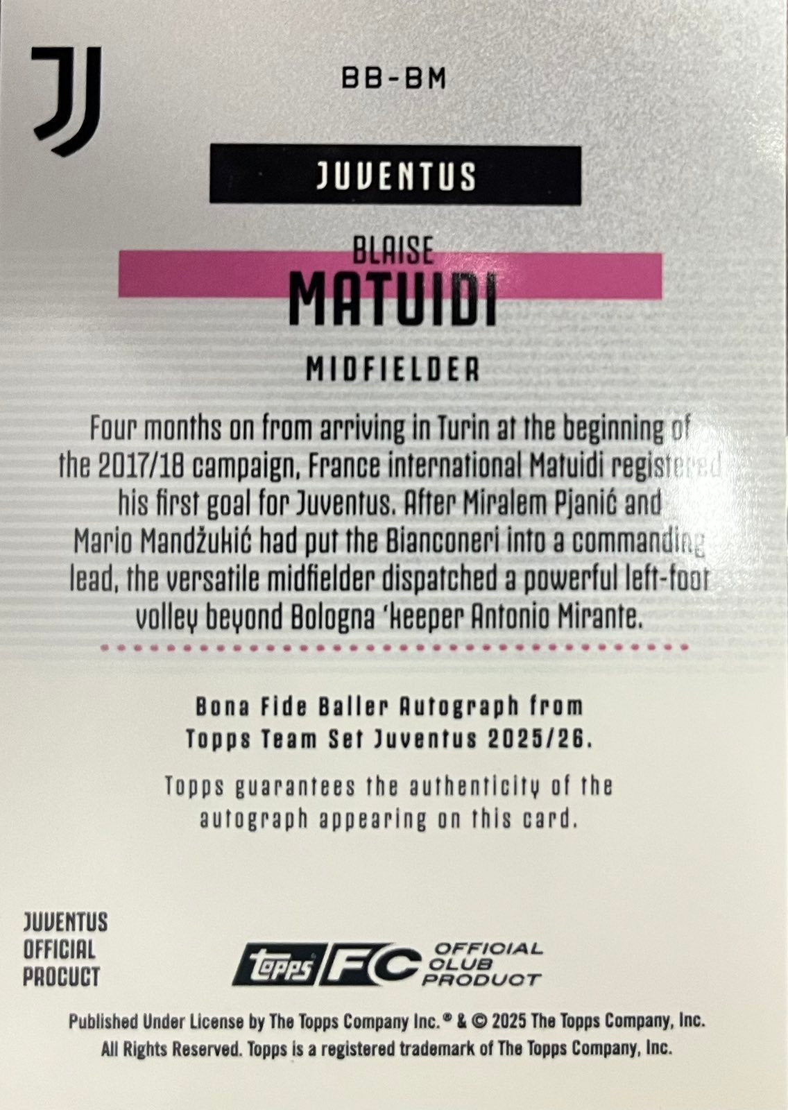 Blaise Matuidi Autograph Numbered /50 Topps Juventus Team Set