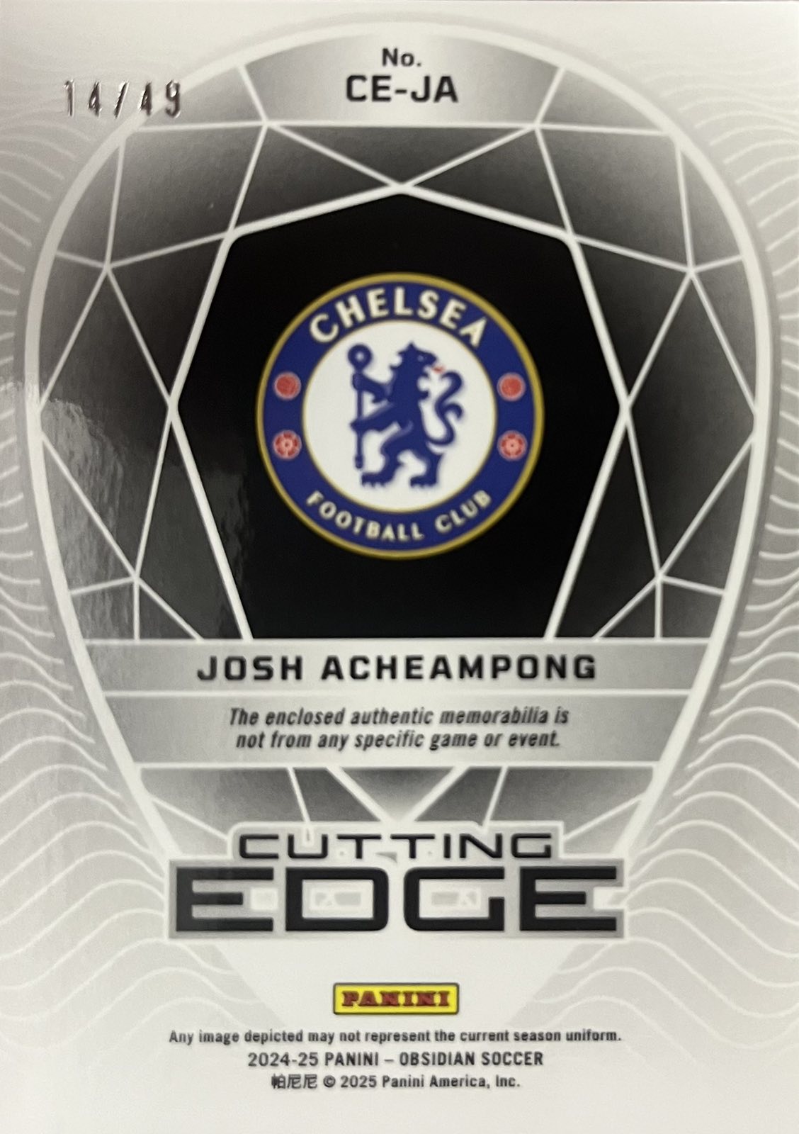 Josh Acheampong Rookie Double Patch Numbered /49 Panini Obsidian