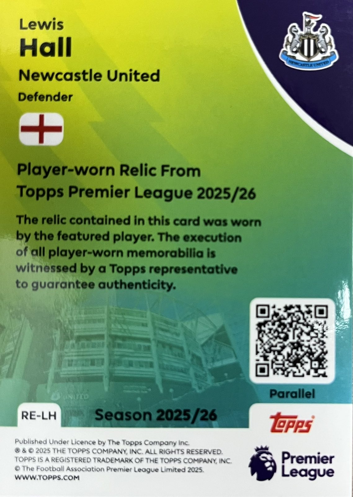 Lewis Hall Player-Worn Patch Numbered /199 Topps Premier League