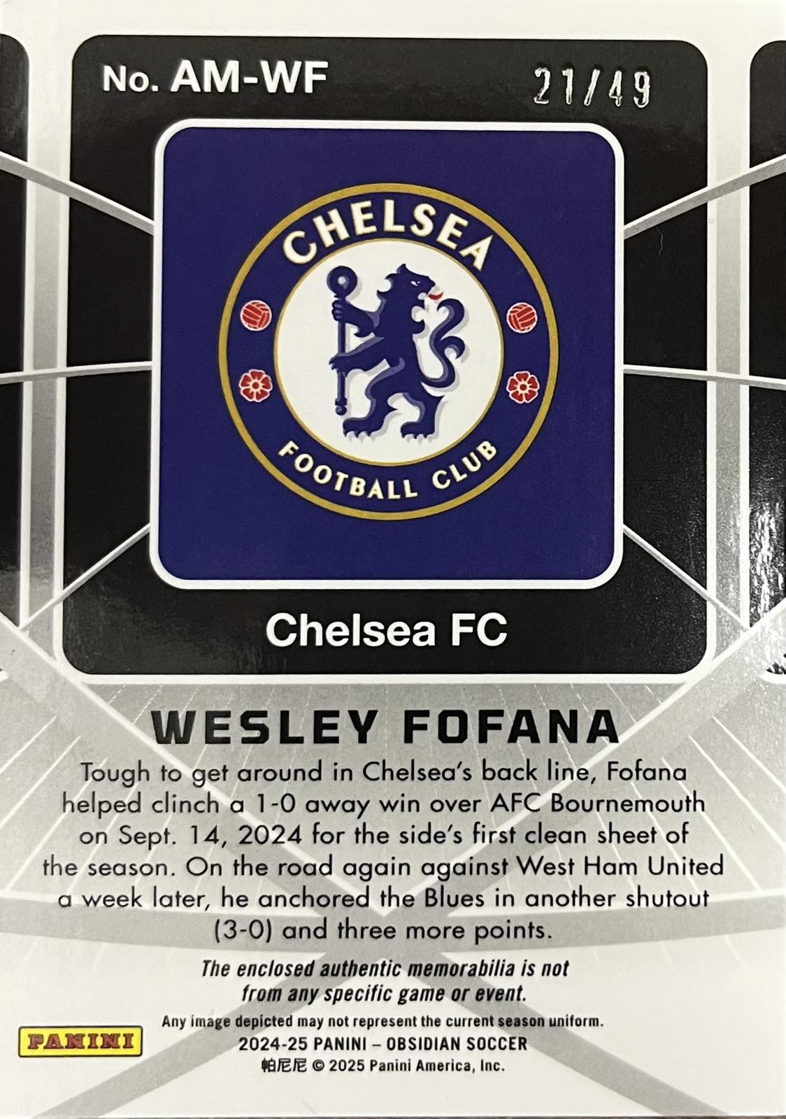 Wesley Fofana Patch Numbered /49 Panini Obsidian