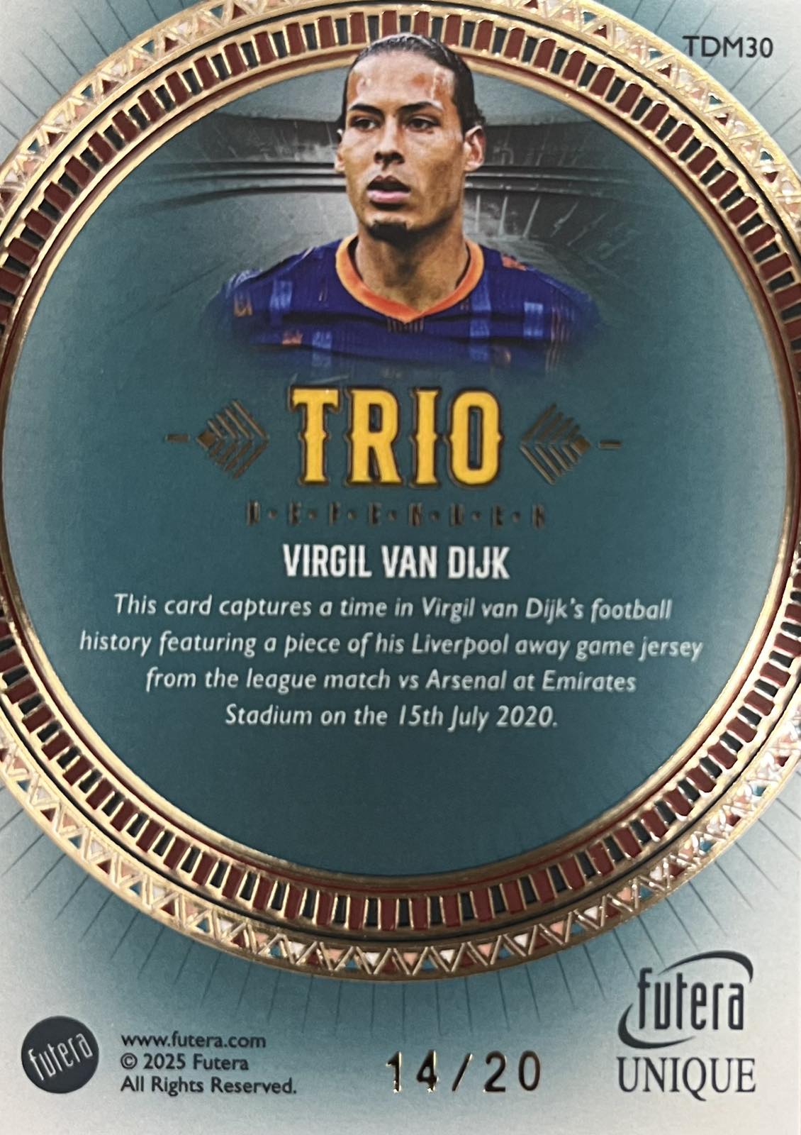 Virgil Van Dijk Match-Worn Patch Numbered /20 Futera
