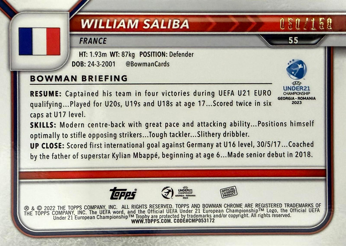 William Saliba 1st Bowman Numbered /150 Bowman Chrome