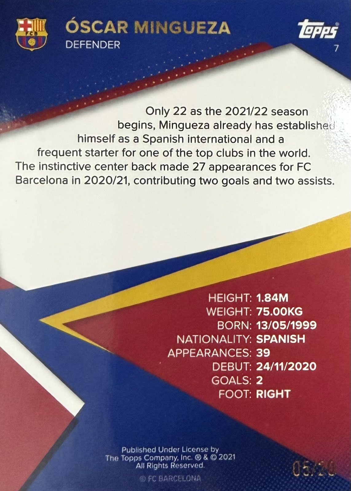 Oscar Mingueza Rookie Numbered /20 Barcelona Team Set