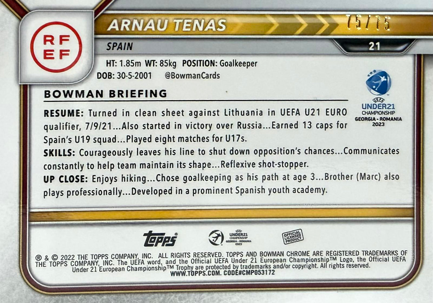 Arnau Tenas 1st Bowman Numbered /75 Bowman Chrome